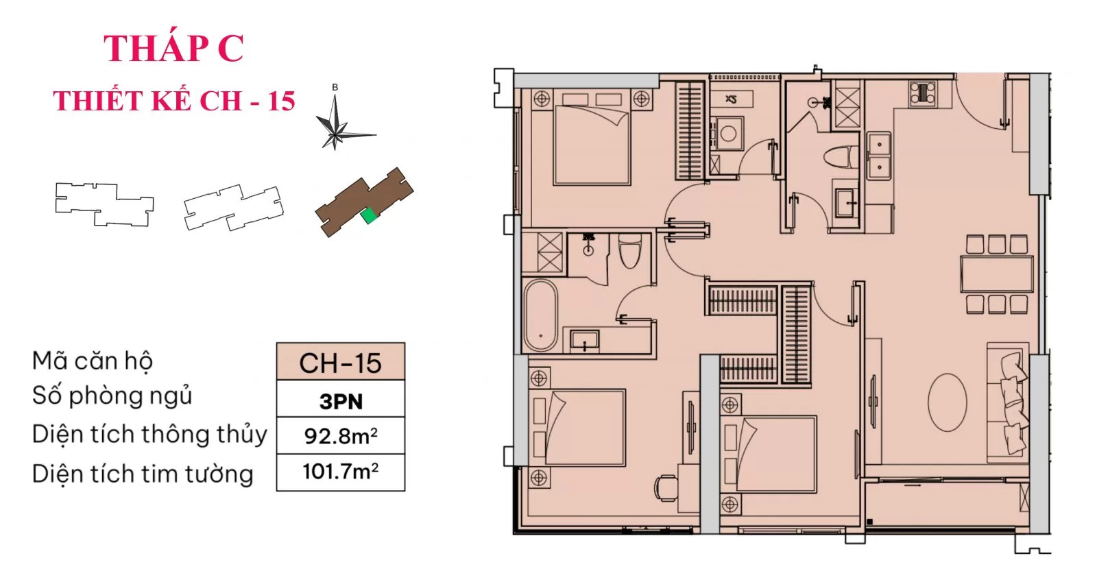 Thiết kế căn hộ 3PN | Tháp C